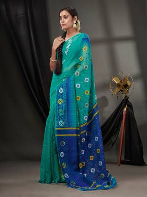 Sea Green Silk Cotton Jamdani Handwoven Saree With Texture Designs Without Blouse 3