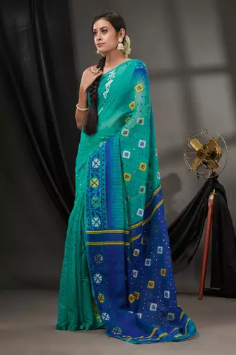 Sea Green Silk Cotton Jamdani Handwoven Saree With Texture Designs Without Blouse