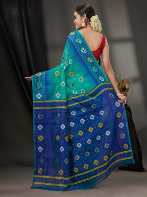Sea Green Silk Cotton Jamdani Handwoven Saree With Texture Designs Without Blouse 4