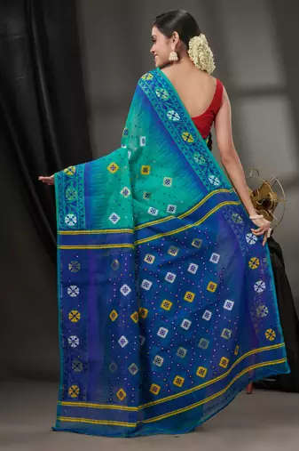 Sea Green Silk Cotton Jamdani Handwoven Saree With Texture Designs Without Blouse