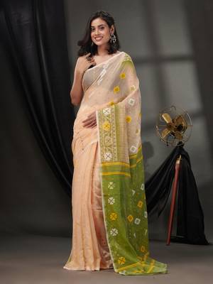 Cream Silk Cotton Jamdani Handwoven Saree With Texture Designs Without Blouse 1