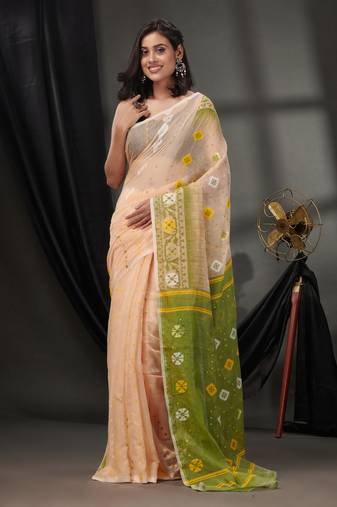 Cream Silk Cotton Jamdani Handwoven Saree With Texture Designs Without Blouse