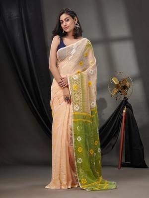 Cream Silk Cotton Jamdani Handwoven Saree With Texture Designs Without Blouse 2