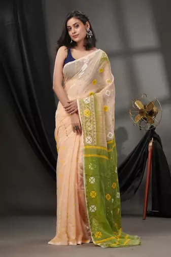 Cream Silk Cotton Jamdani Handwoven Saree With Texture Designs Without Blouse