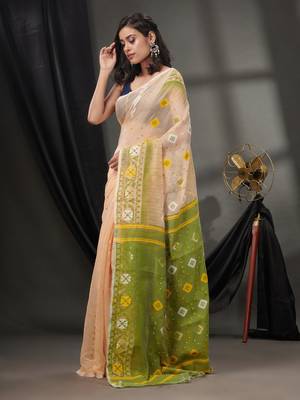 Cream Silk Cotton Jamdani Handwoven Saree With Texture Designs Without Blouse 3