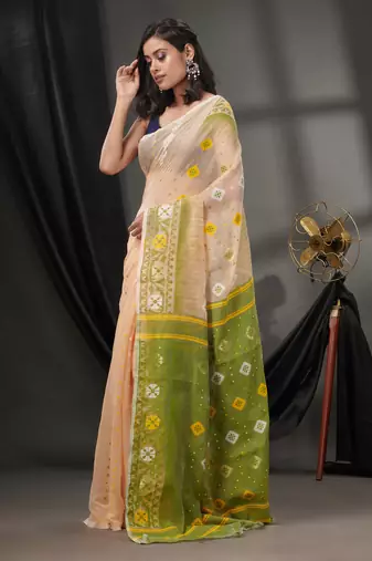Cream Silk Cotton Jamdani Handwoven Saree With Texture Designs Without Blouse
