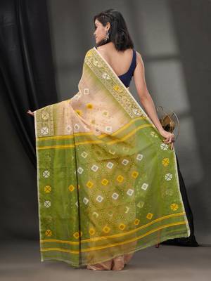 Cream Silk Cotton Jamdani Handwoven Saree With Texture Designs Without Blouse 4