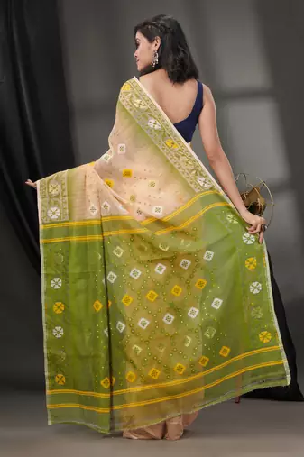 Cream Silk Cotton Jamdani Handwoven Saree With Texture Designs Without Blouse