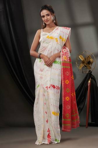 White Silk Cotton Jamdani Handwoven Saree With Texture Designs Without Blouse