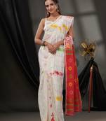 White Silk Cotton Jamdani Handwoven Saree With Texture Designs Without Blouse