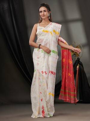 White Silk Cotton Jamdani Handwoven Saree With Texture Designs Without Blouse 2