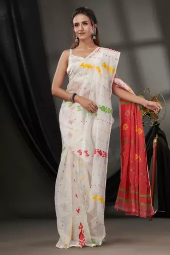 White Silk Cotton Jamdani Handwoven Saree With Texture Designs Without Blouse