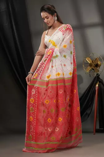 White Silk Cotton Jamdani Handwoven Saree With Texture Designs Without Blouse