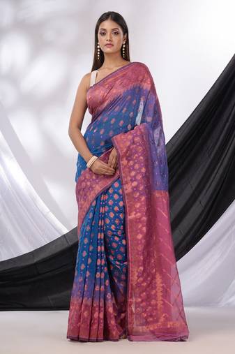 Blue And Violet Handwoven Soft Jamdani Saree With Texture Border