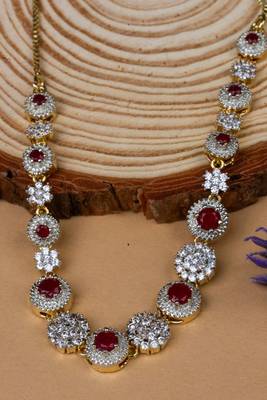 American Diamond Ruby Necklace Set with Earrings, Bracelet, and Ring 7