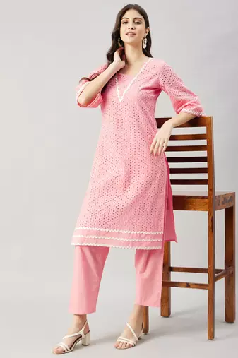 Winered woman pink schiffli with v neck lace kurta set