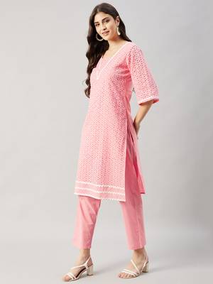Winered woman pink schiffli with v neck lace kurta set 4