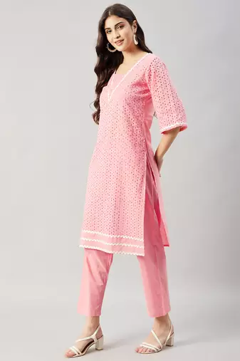 Winered woman pink schiffli with v neck lace kurta set