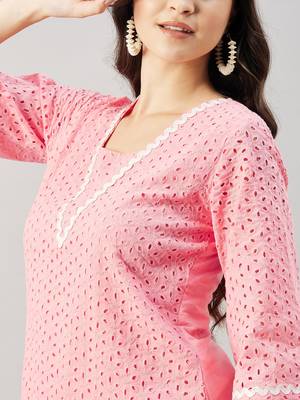 Winered woman pink schiffli with v neck lace kurta set 5