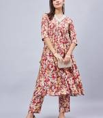 Winred woman rust floral print rayon embroidered kurta set