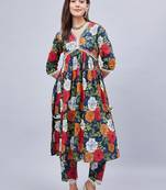 Winred woman blue floral print lace detailing kurta set