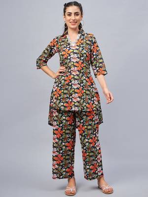 Winered woman navy blue floral print hi- low tunic co-ord set 1