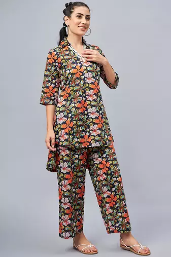 Winered woman navy blue floral print hi- low tunic co-ord set