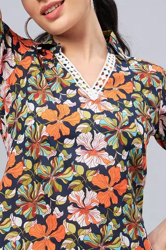 Winered woman navy blue floral print hi- low tunic co-ord set