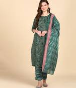 Women's Green Printed Cotton Kurti With Pant and Dupatta Set