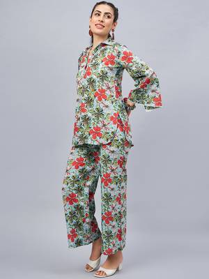Winered woman skyblue multicolor floral printed lace co-ord set 3