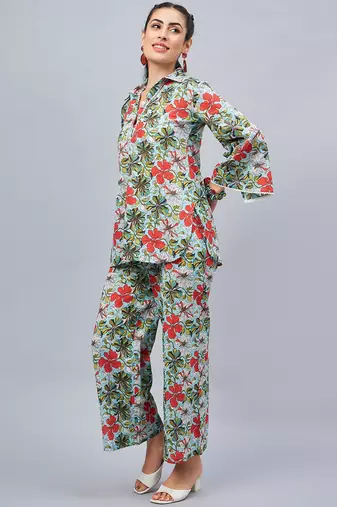 Winered woman skyblue multicolor floral printed lace co-ord set