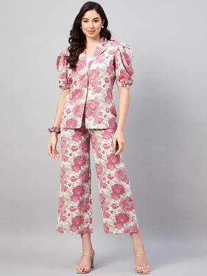 Winered woman beige and pink floral print blazer with trouser 1