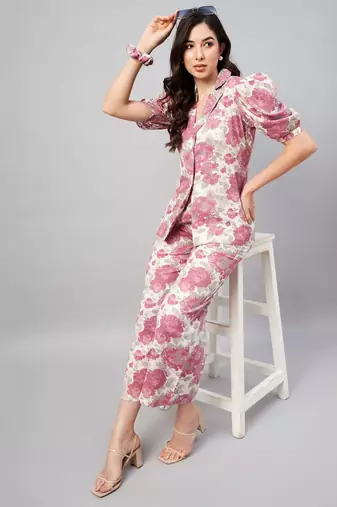 Winered woman beige and pink floral print blazer with trouser