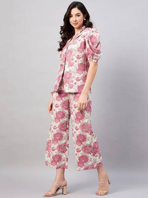 Winered woman beige and pink floral print blazer with trouser 3