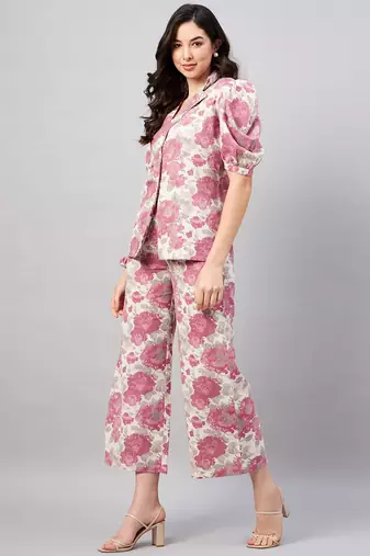 Winered woman beige and pink floral print blazer with trouser