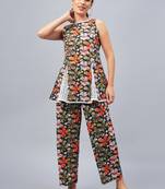 Winered woman navy blue floral print schiffli detailing co-ord set