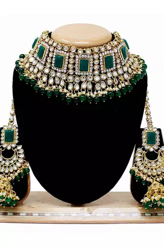 Traditional Handcrafted Faux Kundan & Pearl Studded Bridal Necklace Set with Earrings & Maang Tikka 