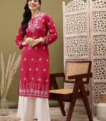 Hand Embroidered Magenta Cotton Lucknowi Chikankari Indian Women Straight Kurta