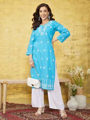 Hand Embroidered Blue Cotton Lucknowi Chikankari Indian Women Straight Kurta 1
