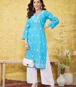 Hand Embroidered Blue Cotton Lucknowi Chikankari Indian Women Straight Kurta