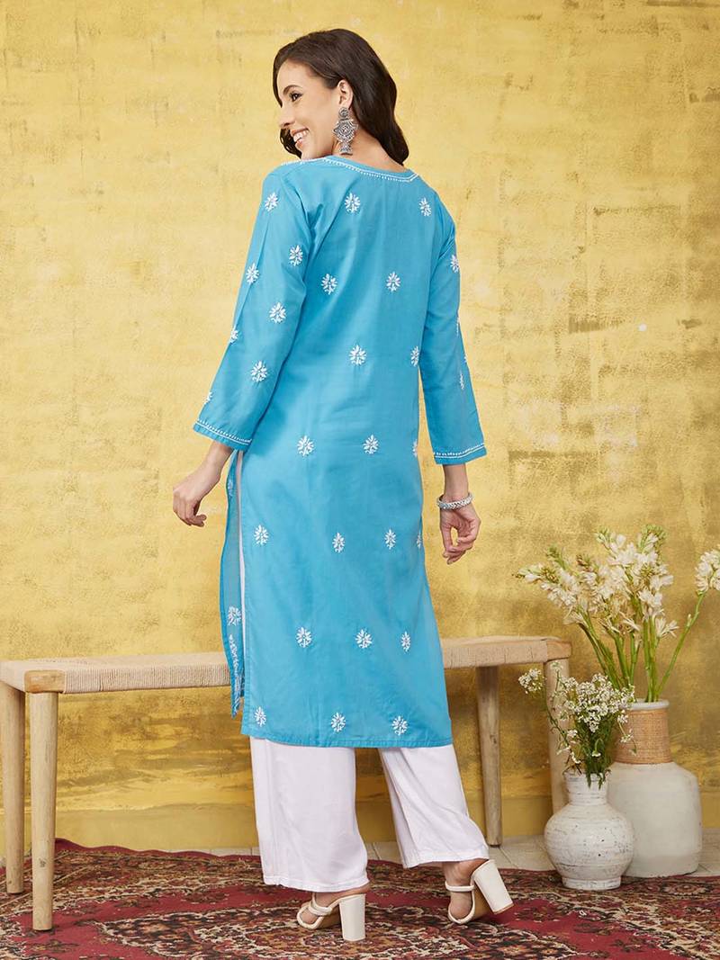 Hand Embroidered Blue Cotton Lucknowi Chikankari Indian Women Straight Kurta