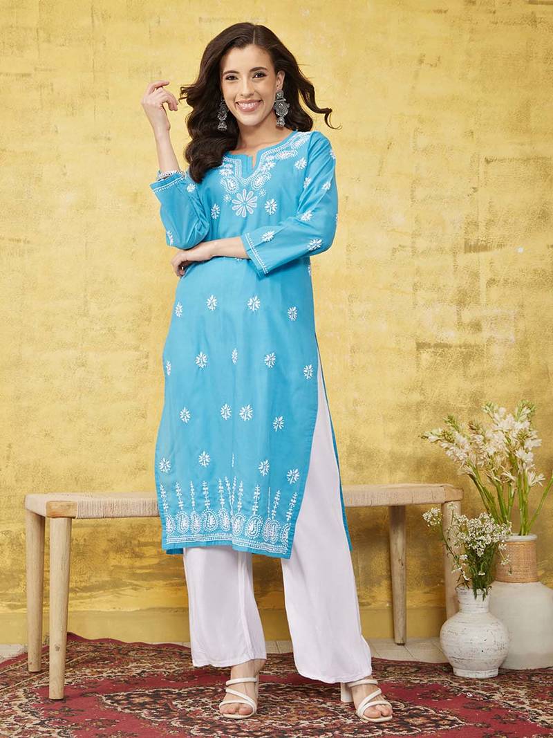 Hand Embroidered Blue Cotton Lucknowi Chikankari Indian Women Straight Kurta