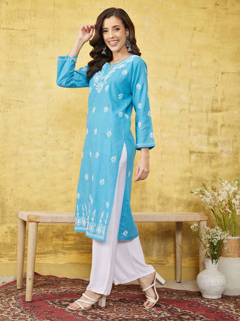 Hand Embroidered Blue Cotton Lucknowi Chikankari Indian Women Straight Kurta