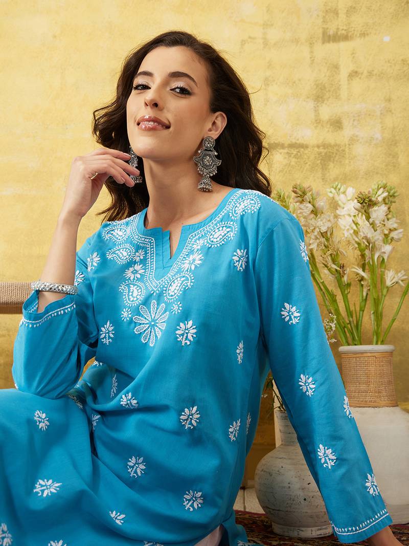 Hand Embroidered Blue Cotton Lucknowi Chikankari Indian Women Straight Kurta