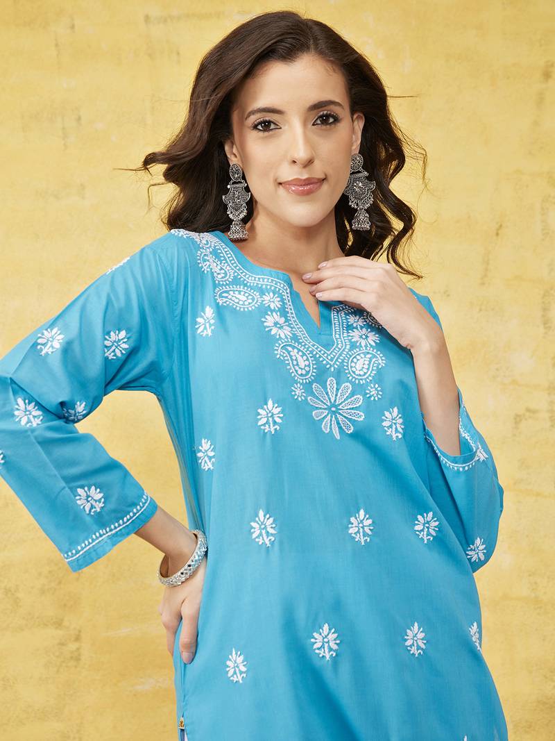 Hand Embroidered Blue Cotton Lucknowi Chikankari Indian Women Straight Kurta