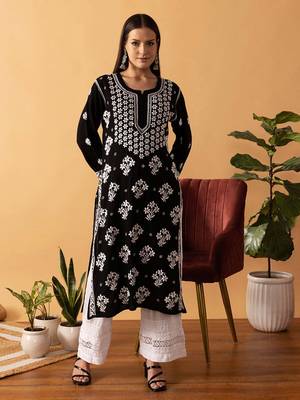 Hand Embroidered Black Modal Lucknowi Chikankari Indian Women Straight Kurta 1