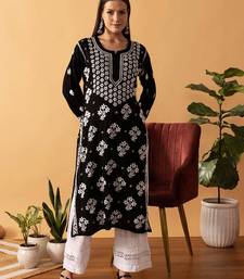 Hand Embroidered Black Modal Lucknowi Chikankari Indian Women Straight Kurta