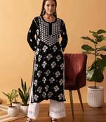 Hand Embroidered Black Modal Lucknowi Chikankari Indian Women Straight Kurta