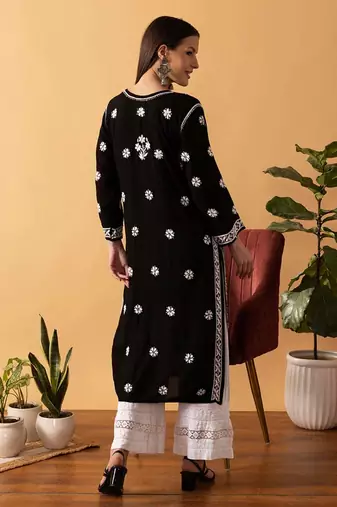 Hand Embroidered Black Modal Lucknowi Chikankari Indian Women Straight Kurta