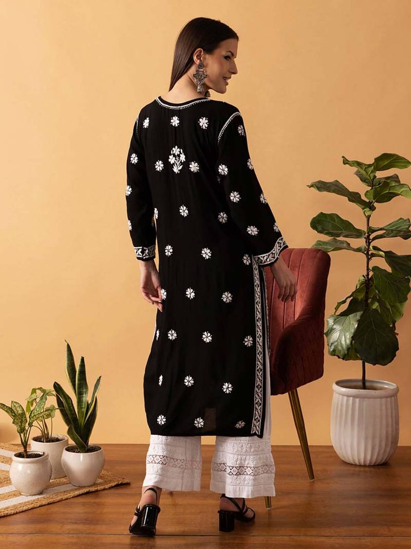 Hand Embroidered Black Modal Lucknowi Chikankari Indian Women Straight Kurta